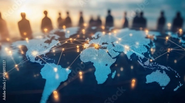 Fototapeta World map with connections and silhouetted figures