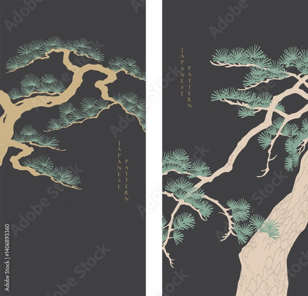 Fototapeta Japanese background with line bonsai tree pattern vector. Abstract template with geometric wave pattern. Natural layout design in oriental style