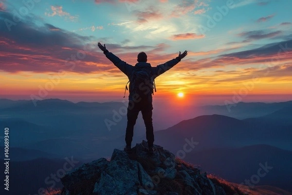 Fototapeta Silhouette of positive man on mountain top, with arms raised up, silhouette of man standing on the hill, Business, success,victory,leadership,achievement concept. Freedom travel