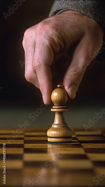 Fototapeta A close-up of a hand moving a chess piece on an elegant wooden board, emphasizing its shape and texture.