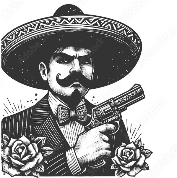 Obraz Mexican gangster serious mustached man in a suit and wide-brimmed hat holding a revolver, with visible tattoos sketch engraving generative ai raster illustration. Scratch board. Black and white image.