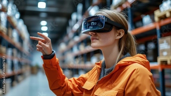 Obraz Employee using augmented reality (AR) glasses for hands-free inventory tracking, futuristic warehouse concept