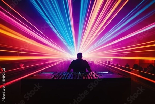 Fototapeta Silhouetted DJ at console, vibrant laser lights illuminate a crowded dance party.