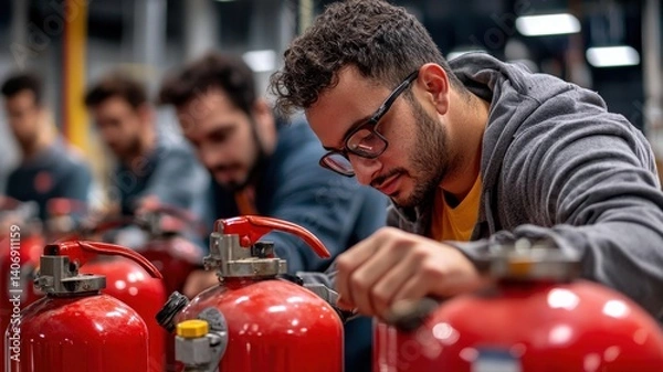 Obraz Employees learning how to properly use fire extinguishers in a workplace safety workshop, realistic training scenario