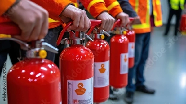 Fototapeta Employees learning how to properly use fire extinguishers in a workplace safety workshop, realistic training scenario