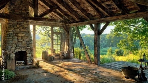 Fototapeta Rustic barn-style interior with stone fireplace and wood beams. Sunlight streams in