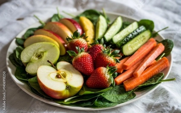 Obraz The image showcases a bright, clean, and appetizing white plate adorned with fresh fruits and vegetables, including apples, strawberries, cucumbers, carrots, and leafy greens.