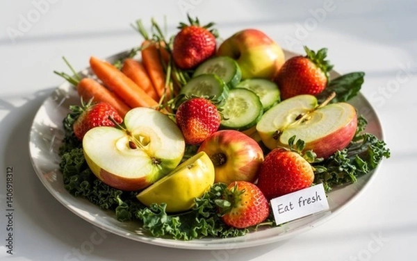 Obraz The image showcases a bright, clean, and appetizing white plate adorned with fresh fruits and vegetables, including apples, strawberries, cucumbers, carrots, and leafy greens.