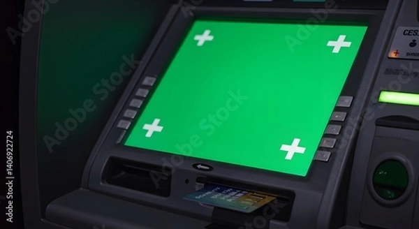 Fototapeta Close-up of ATM machine with green screen for easy content replacement