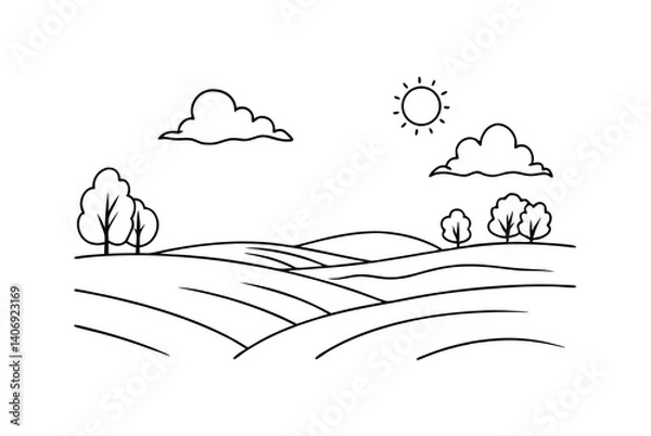 Fototapeta Line Art Landscape With Hills Trees Clouds And Sun Simple Illustration