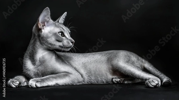 Fototapeta Elegant grey cat lying, studio shot