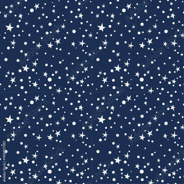 Fototapeta The image features a seamless pattern of white stars and circles scattered across a deep blue background. The stars are of varying sizes and have a simple, five-pointed design.