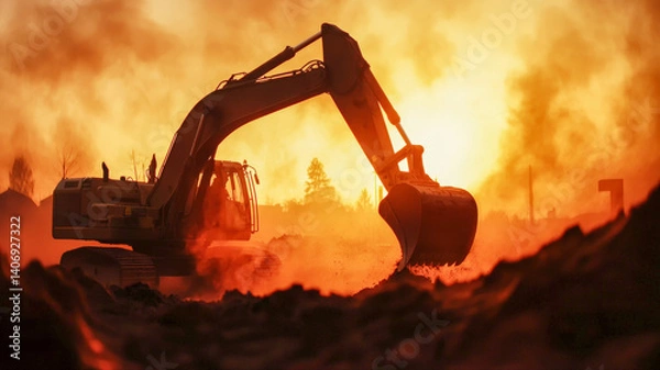Obraz Excavator digging deep trenches on a construction site, dust rising as the bucket moves soil, ultra-HD