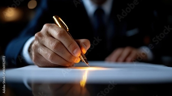 Fototapeta Professional Hand Highlighting Document with a Gold Pen in an Administrative Office Setting, Emphasizing Safety Protocol Review