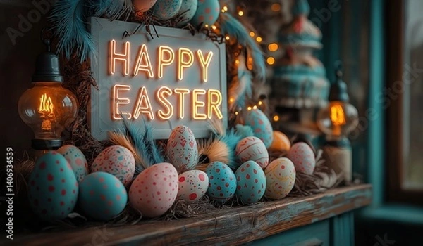 Fototapeta Festive Easter setup with glowing "Happy Easter" sign, colorful decorated eggs, feathers, and cozy lighting, creating a joyful holiday atmosphere.