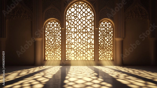 Obraz Islamic background design mosque window with light shadow, islamic background, mosque background, islamic copy space background, ai generated