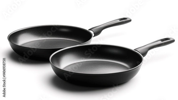 Fototapeta Two frying pans with non-stick coating on white background.