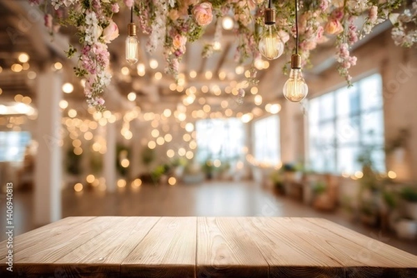 Obraz Wooden table for product placement in decorated indoor venue with hanging flowers and warm bokeh string lights, ready for wedding.