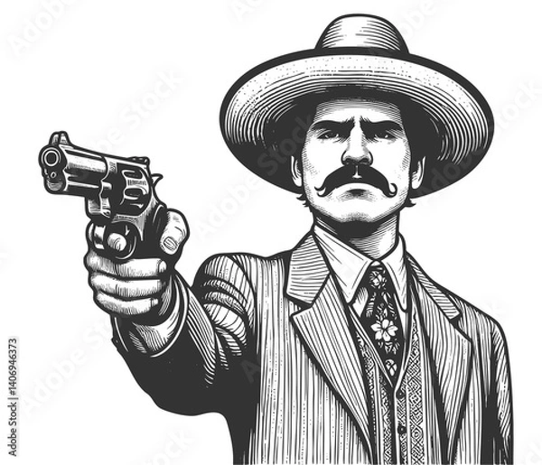 Obraz stern man wearing a wide-brimmed sombrero and ornate suit, aiming a revolver directly forward sketch engraving generative ai fictional character raster illustration. Scratch board. Black and white.