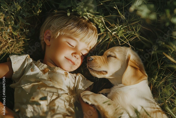 Fototapeta A serene moment capturing a child and a puppy resting peacefully on the grass, surrounded by nature. Soft sunlight bathes the scene, highlighting their innocent expressions and delicate features.