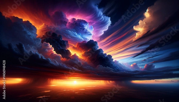 Fototapeta Dramatic cloudscape with vibrant sunset over water.