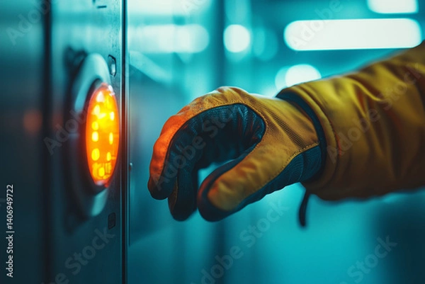 Fototapeta A gloved hand reaching for an illuminated elevator button, set against a softly lit backdrop, conveying anticipation and motion.
