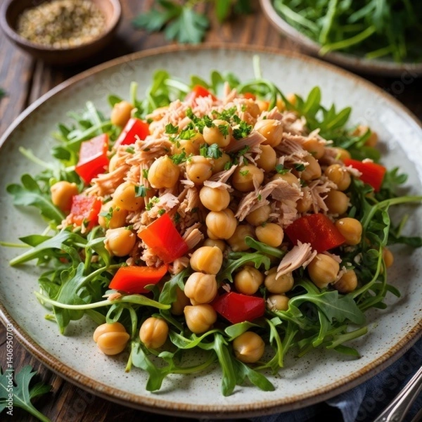 Fototapeta Healthy chickpea salad with tuna and fresh greens served on a rustic wooden table
