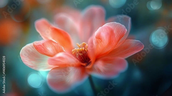 Fototapeta Beautiful close-up of a pink flower with soft petals and a blurred background, creating a dreamy and peaceful ambiance in nature.