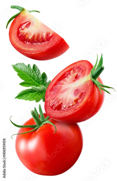 Fototapeta Tomato isolated png. Whole tomato with leaf flying on transparent background. Falling tomato half, slice and leaves side view vertical composition png. Tomatoes no background. Full depth of field.
