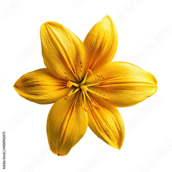 Fototapeta A bright yellow lily flower with six petals isolated on a black background in macro photography