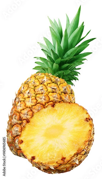 Fototapeta Pineapple isolated png. Pineapple with half and leaves on transparent background. Whole and cut pineapple front view no background. Pineaple transparent png. Full depth of field.
