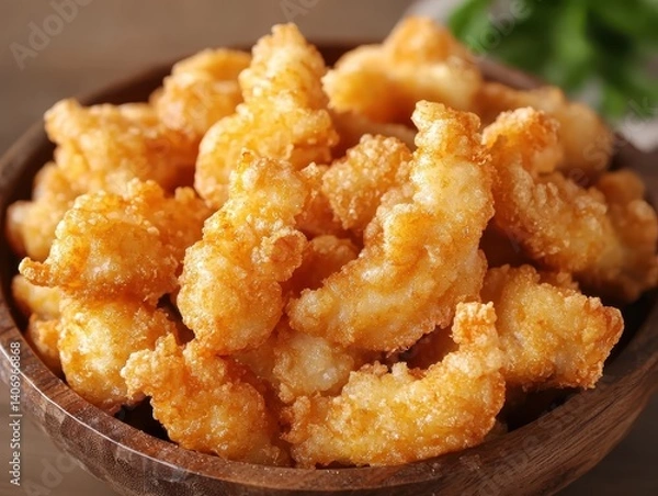 Fototapeta Crispy Fried Shrimp in Wooden Bowl on Rustic Table Setting