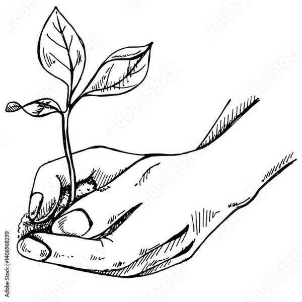 Obraz Hand-drawn sketch of tree sprout in hand.⁠