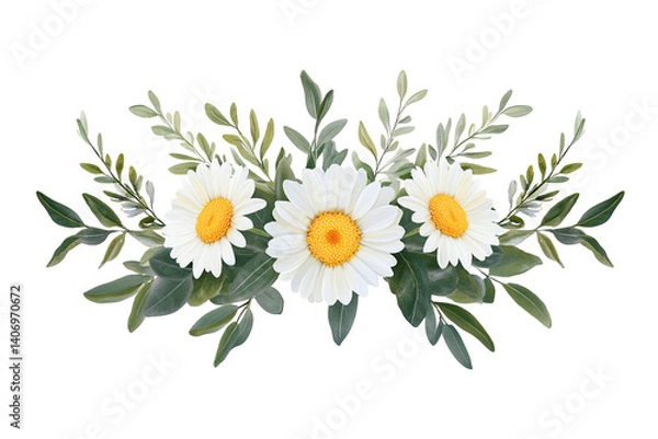 Fototapeta Three charming daisies arranged with green foliage creating a beautiful floral composition against a transparent background