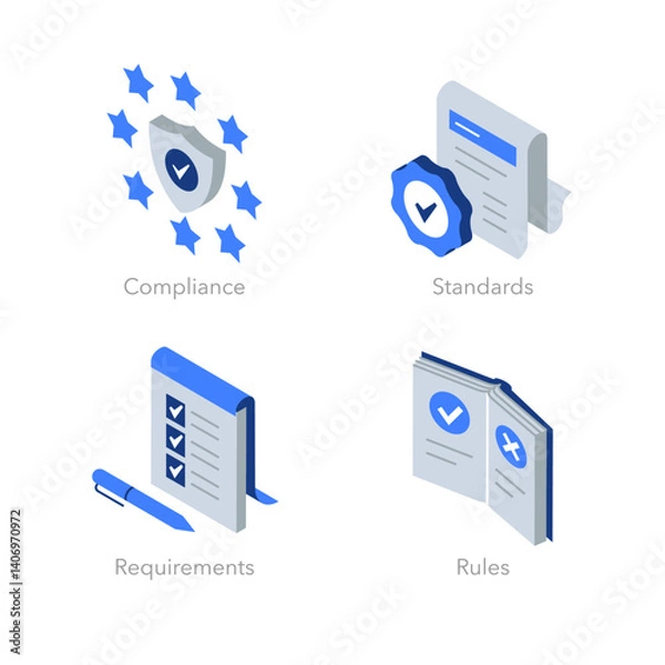 Fototapeta Simple set of isometric flat icons for compliance. Contains such symbols as Compliance, Standards, Requirements and Rules.
