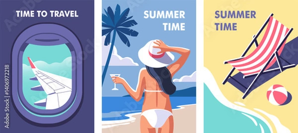 Obraz Concept of summer party, vacation and travel. Time to travel during summer with a tropical vibe, including beach scenes, relaxation, and vacation fun in sunny weather. Vector illustration.