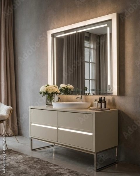 Fototapeta A modern bathroom with a vanity mirror and flowers