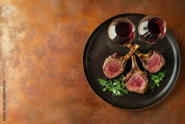 Fototapeta Roasted lamb chops with wine on a dark tray.