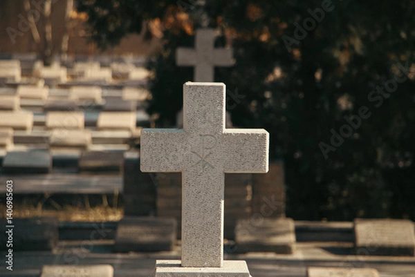 Fototapeta cross in cemetery, Christian graveyard, cross tombstone, Historical graveyard with tombstones, Silent resting place among trees, Crosses in a peaceful cemetery, Tombstones of Polish Christians