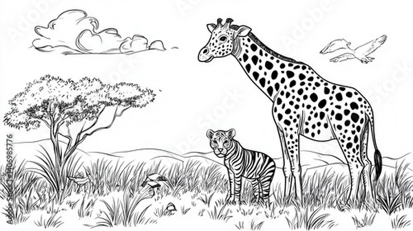 Fototapeta Giraffe and Tiger in Wild Nature