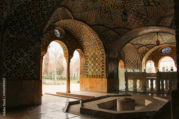Fototapeta Persian architecture, Historical arches with intricate tilework​, Traditional Iranian design elements, Persian architectural details in Golestan Palace, Karimkhani Nook, Golestan Palace, Iran, Persia