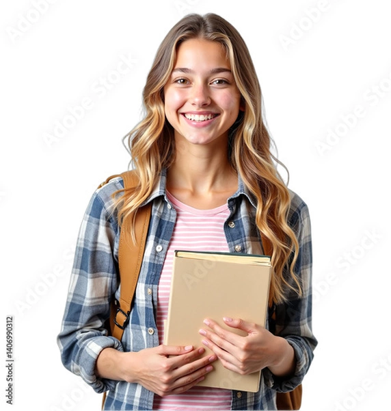 Fototapeta Smiling female teen student with books and a backpack isolated on transparent background. Perfect for back-to-school, education, or campus life designs. Bright, cheerful mood.