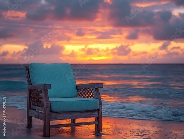 Fototapeta A captivating sunrise over a quiet beach in the Seychelles with gentle waves, soft pastel skies, and a solitary lounge chair positioned perfectly for a peaceful summer escape;