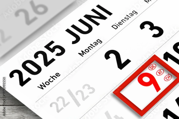 Obraz Deutscher Kalender Datum 9. Juni  2025 Pfingsten Pfingstmontag