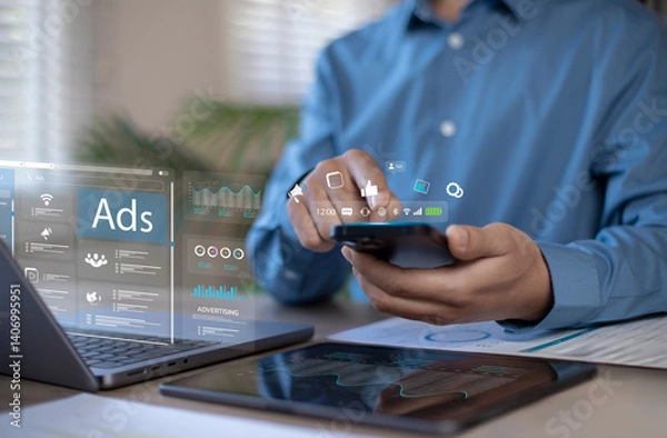 Fototapeta Digital marketing online sales concept. Businessman using laptop with advertising dashboard, promoting product or service through digital channels, search engines, email, website ads and social media.