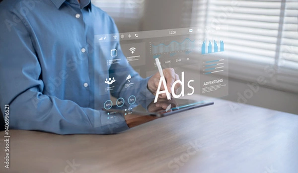 Fototapeta Digital marketing online sales concept. Businessman using laptop with advertising dashboard, promoting product or service through digital channels, search engines, email, website ads and social media.