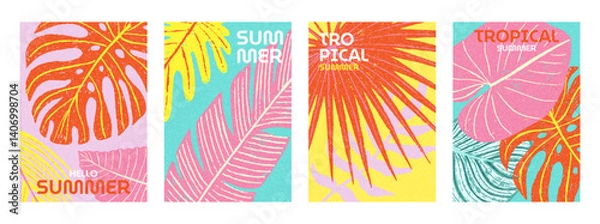 Fototapeta Summer bright posters set with abstract hand drawn crayon tropical leaves. Vector illustration in modern art style design templates for cards, sales