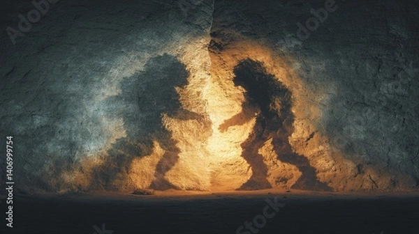 Fototapeta Ancient human ancestors merging silhouettes on cave wall with illuminated evolutionary timeline, depicting paleoanthropology discovery of human development.
