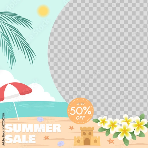 Fototapeta Summer sale discount offer template with ad image placement in beach theme. Vector illustration summer offer advertisement for social media and shopping event promotions.