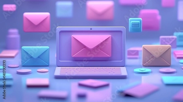 Fototapeta A clean and elegant AI-powered email interface in a pastel color scheme, featuring minimal icons, soft gradient highlights, and simple navigation elements;